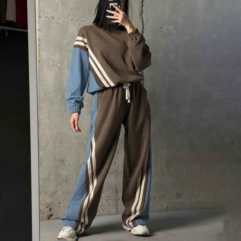 Fitness Outfits Chic 2024 Elegant Spliced Stripe Sweatshirt Top Pants Joggers Two Piece Set Autumn Winter Sport Women Tracksuit