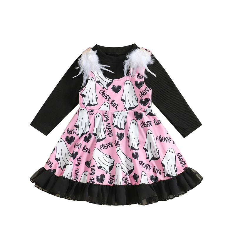 

Little Girl Halloween Dress Long Sleeve Ribbed Shirt Ghost Print Suspender Dress 2Pc Set Halloween Party outfit