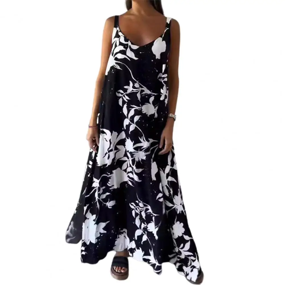 

Loose Hem Dress Floral Print V Neck Maxi Dress for Women Backless Vacation Beach Style Sundress with Loose Fit Contrast Color