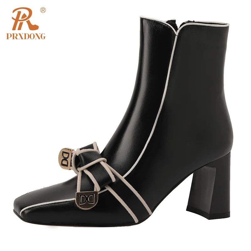 PRXDONG New 2024 Fashion Genuine Leather Autumn WInter Shoes Woman Ankle Boots Black Beige Dress Party Lady Shoes BIg Size 34-45