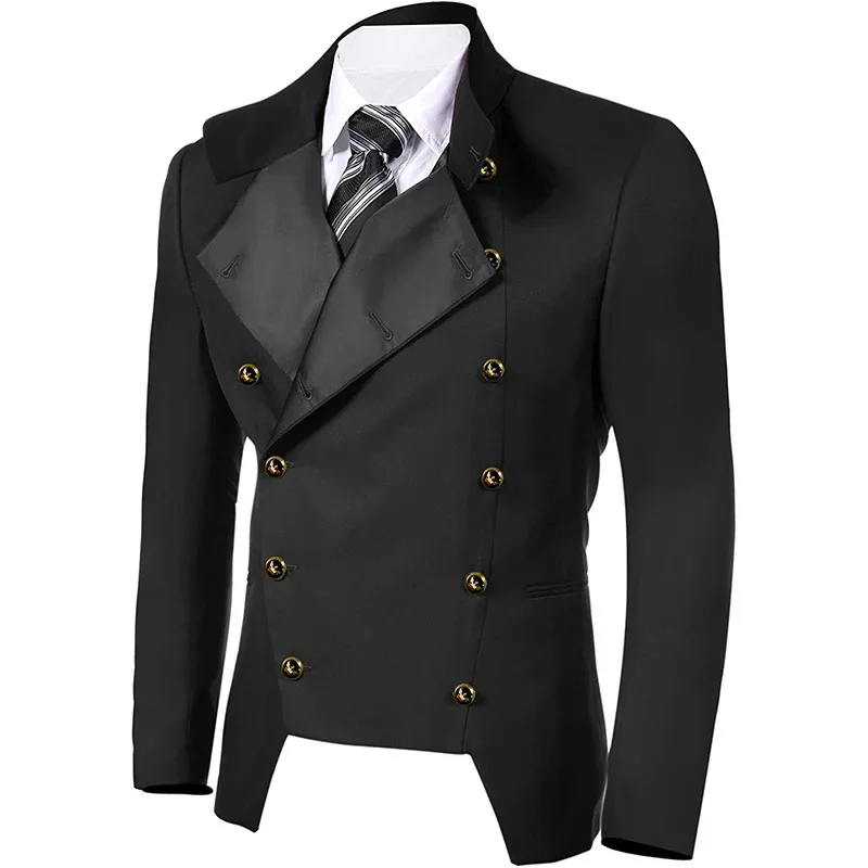 Black Men's Double Breasted Suit Coat Men Vintage Medieval Steampunk Jacket Gothic Military Blazer Victorian Performance Costume