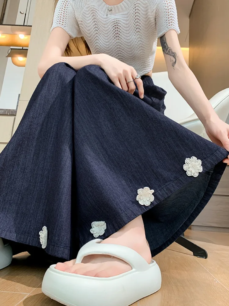 

Retro 3D Flower Wide Leg Jeans Women's Summer Casual Commute High Waist Slim A-Line Straight Long Pants Blue Soft Washed