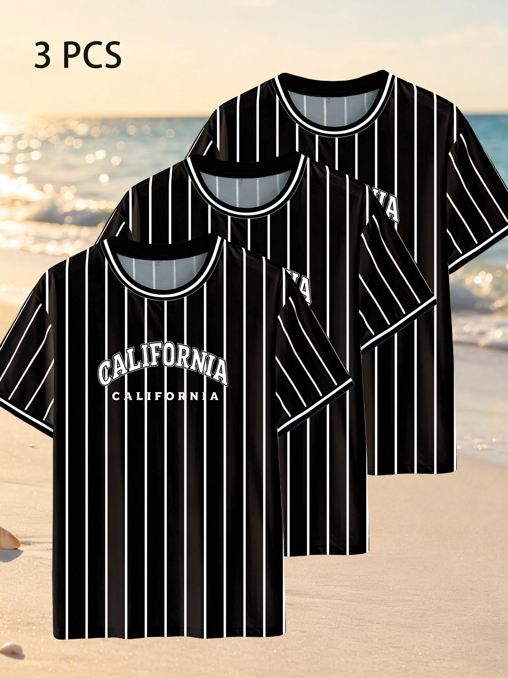 3-piece men's black striped T-shirt, California letter printed casual short sleeved round neck shirt, men's summer baseball shir