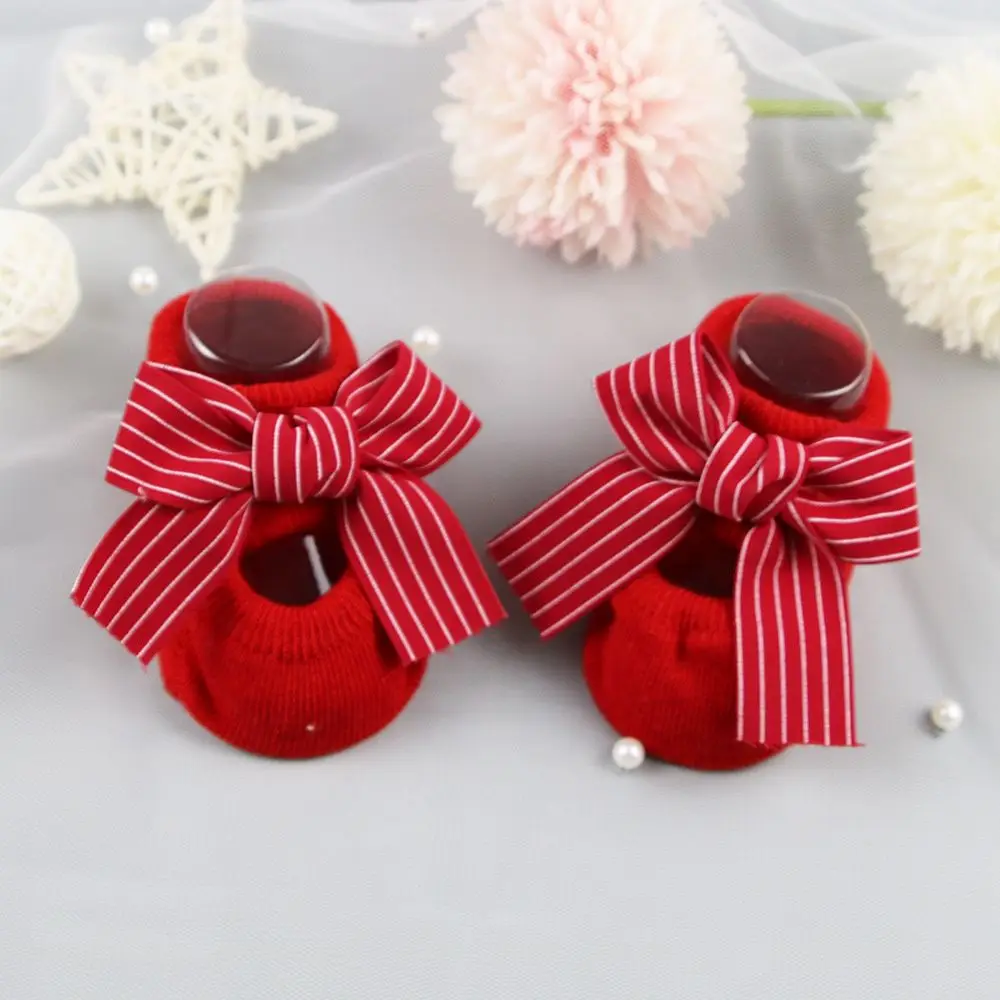 Heart Striped Red Baby Christmas Gift Socks Headband Set Toddler Floor Socks Infant Anti Slip Socks Newborn Baby Girl Socks