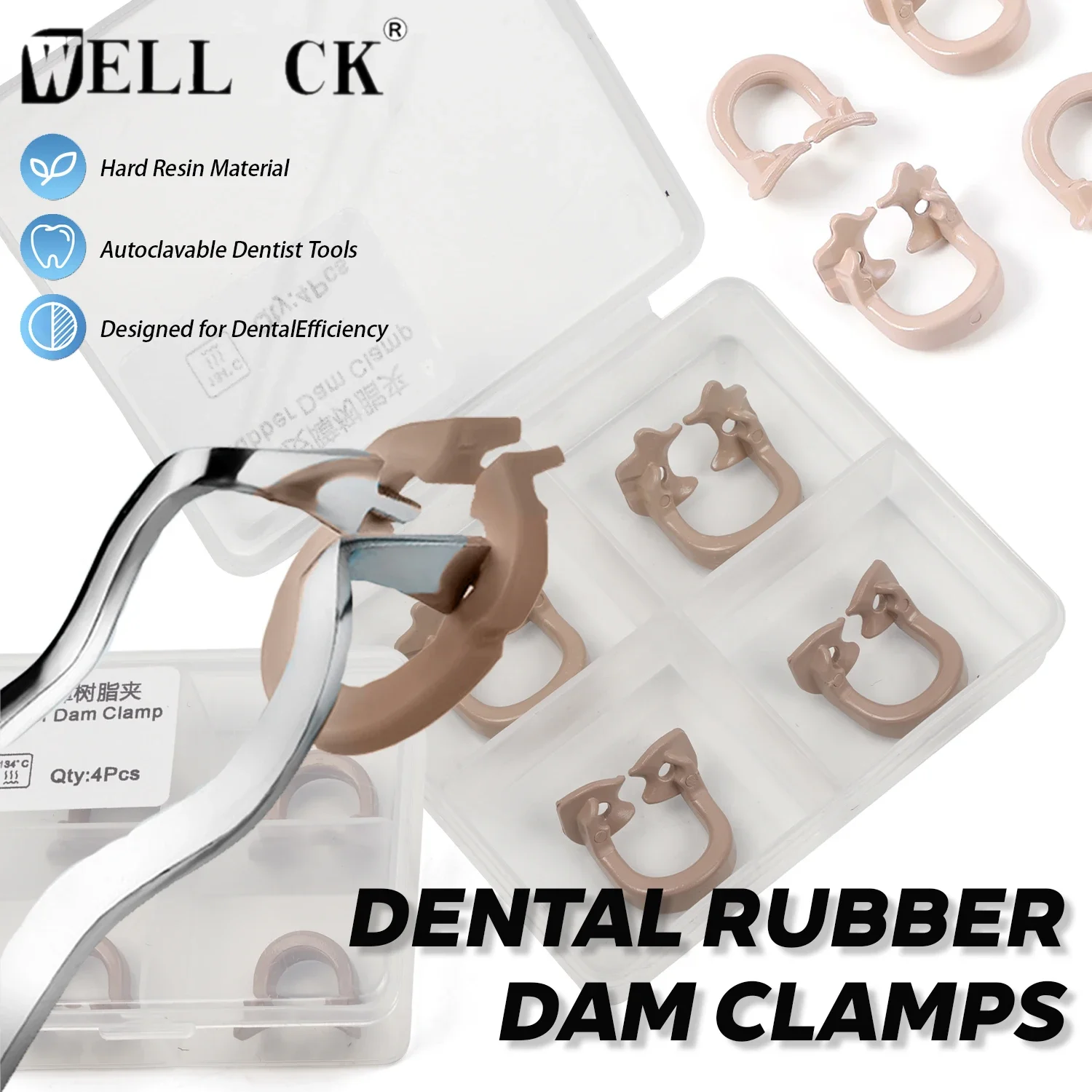 WELLCK 4Pcs/Box Dental Rubber Dam Clamps Barrier Clips Resin Clip Autoclavable 134°C Large/ Small Dental Material Dentist Tools