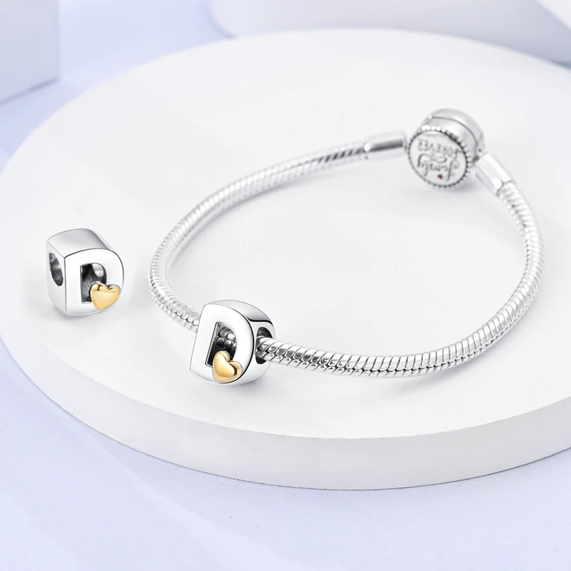 New 925 Sterling Silver Cute Gold Lucky Heart 26 Letter Series Charms Beads Fit Pan Original Bracelets DIY Gifts Fine  Jewelry image 5