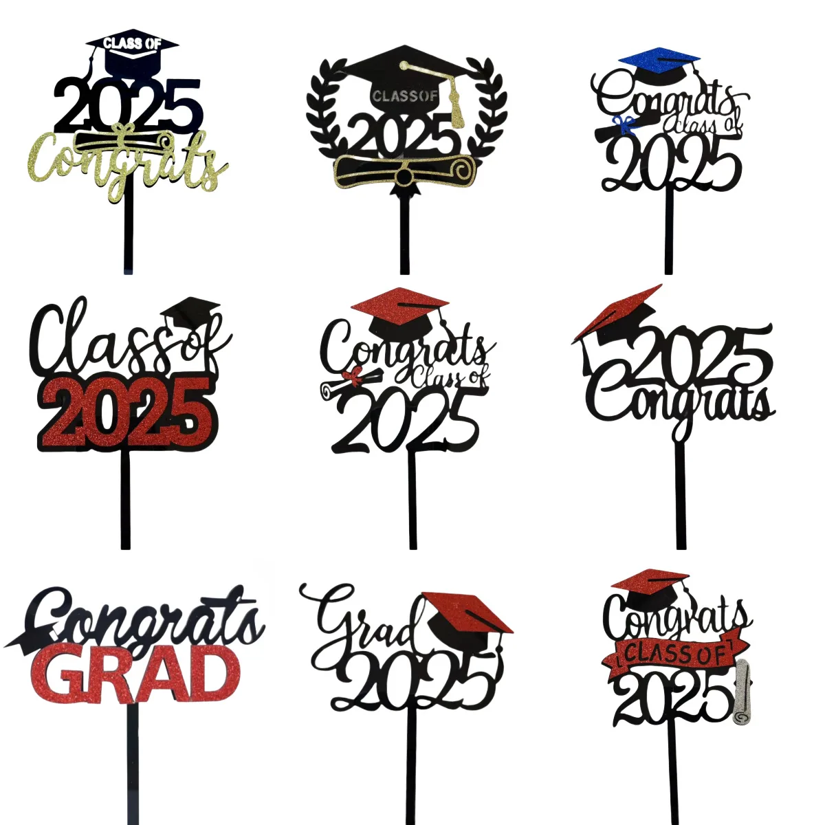 Red Black Acrylic Cake Topper Congratulate 2025 Graduation Season Cake Topper for Graduation Ceremony Cake Dessert Decoration