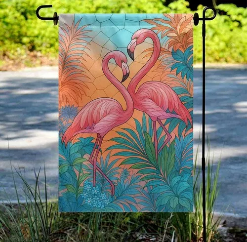 Pink Flamingo Garden Flag Stained Glass Look Beach Pool Yard Decor ZZY