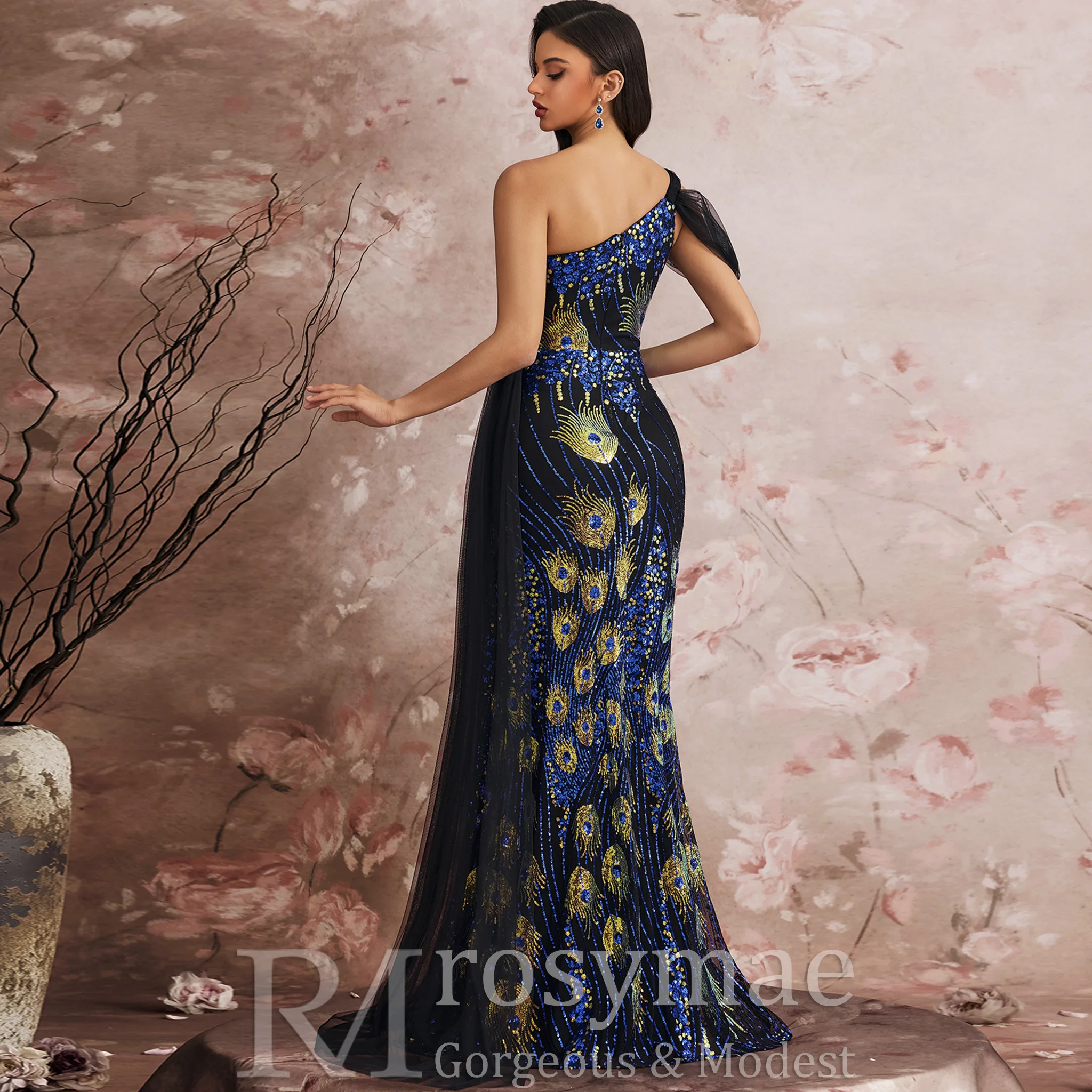 Rosymae One-Shoulder Pailletten Feestjurk Glinsterende Pauwpatroon Lint Accent Verhoogde Avond Cocktail Gala