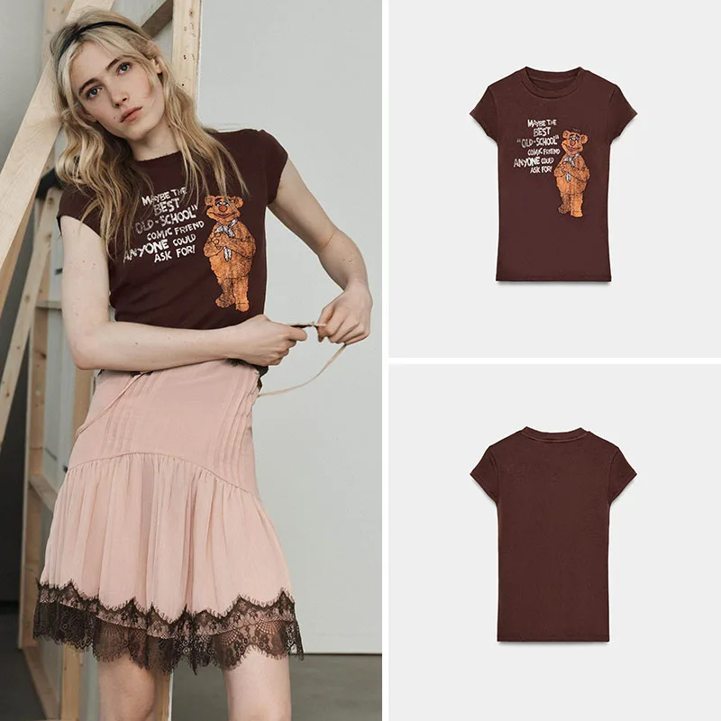 

Spring New Arrival Women's Casual round Ne T-irt Letter Animal ort Sve Simple Design Comfortable Faionable Top