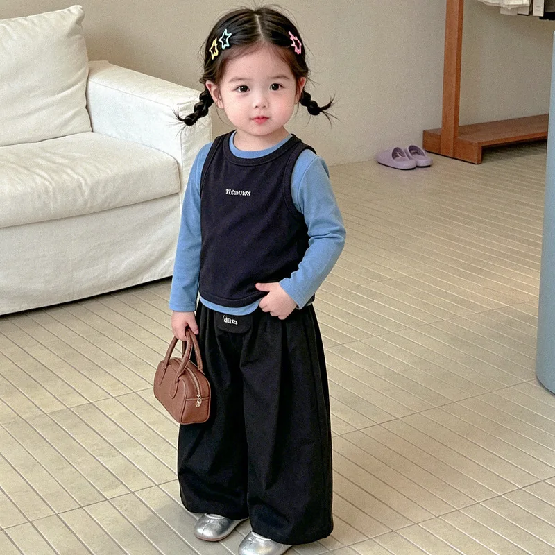 Korean Two-piece Girls' Contrasting Long Sleeved Shirt with Vest and Black Wide Leg Pants Two Price Sets