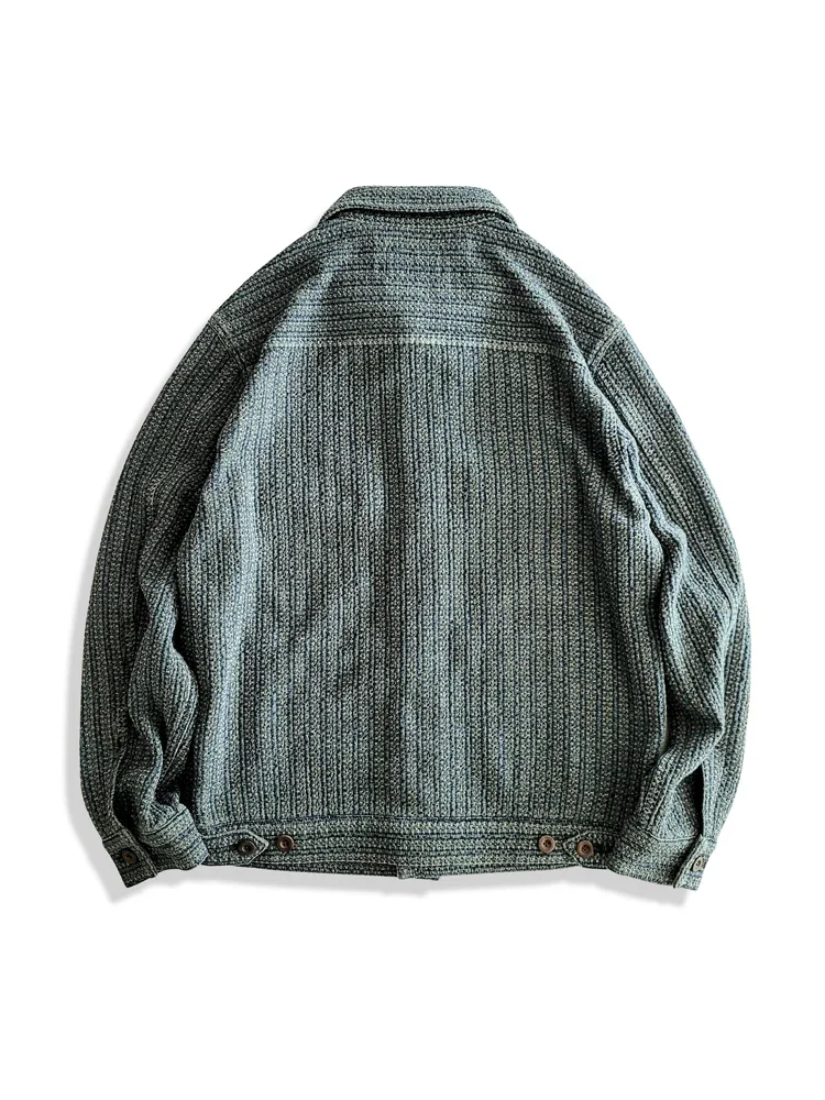 Amekaji Wear Clothes Men Honeycomb Stripes Denim Casual Jacket Coat Loose Version Japanese-Style Retro Washed Old
