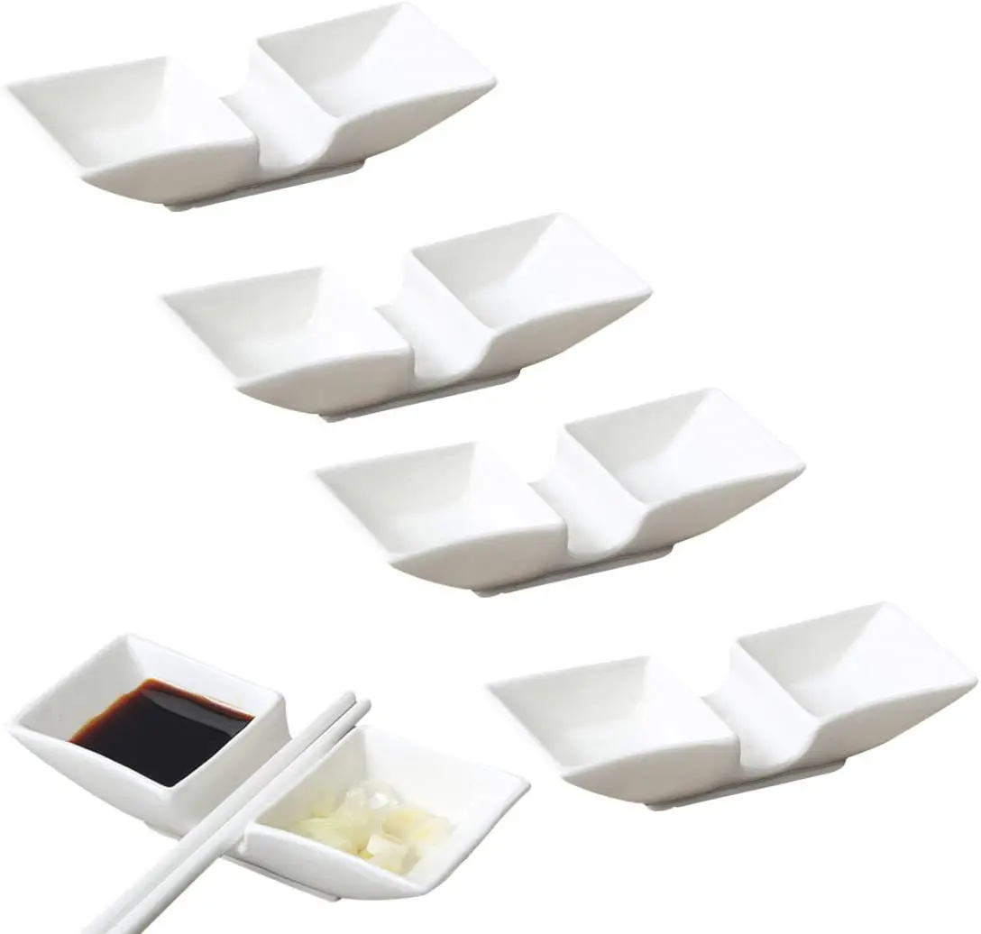 4 PCS Ceramic boat shape Chopsticks Rest with tow Compartments Sauce , Japanese Fine Porcelain Chopsticks Spoon Fork Rest Holder