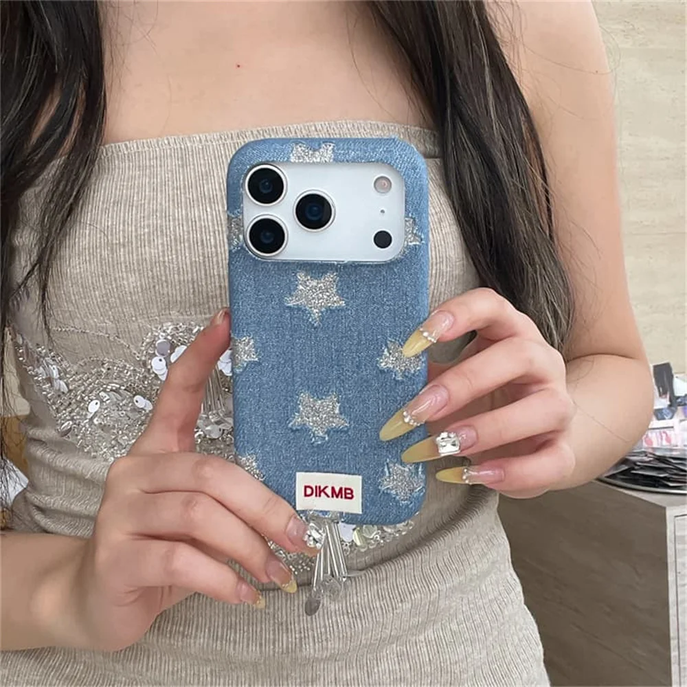 Korea Ins denim Glitter stars Phone Case For iPhone 18 Pro 14 15 16 17 Pro Max Cover Shockproof Soft Cute Cases Protective Funda