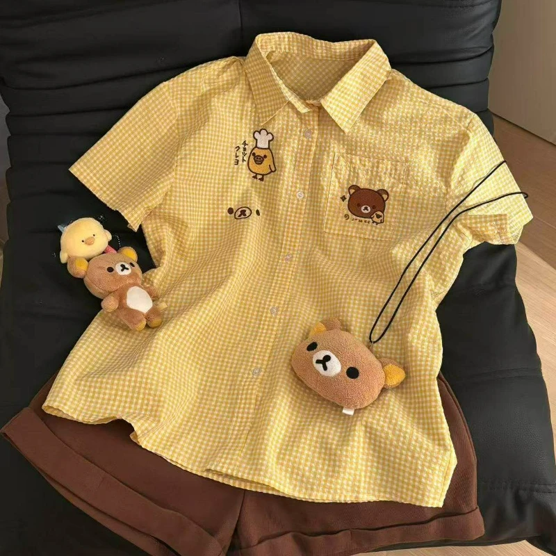 Japanisches Kawaii Niedliches Lolita-Style Hemd für Frauen Süßes Cartoon-Muster Bedruckte Karierte Kurzarm-Blusen Sommer Harajuku Y2k Tops
