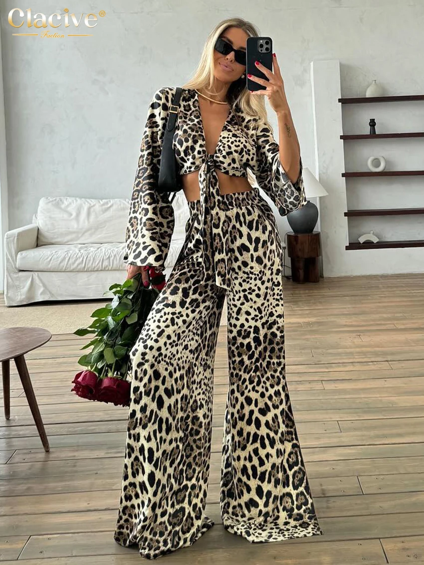 Clacive Sexy Loose Leopard Print 2 Piece Sets Women Outfit Elegant Long Sleeve Lace-Up Crop Top With High Waist Slit Pants Set