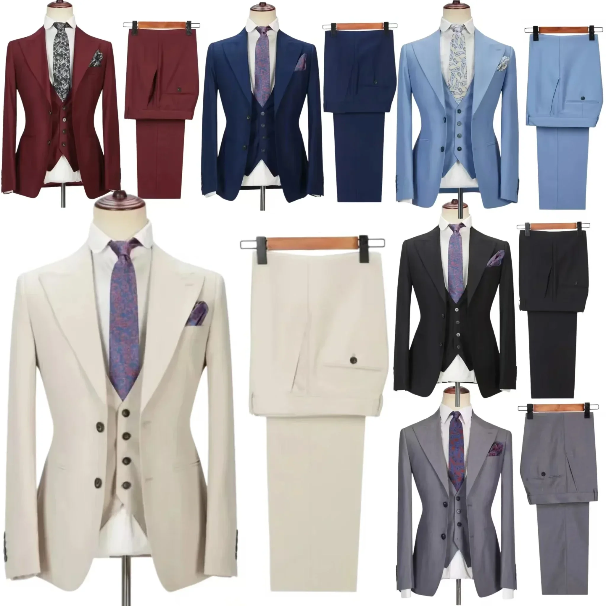 

Slim Fit Tuxedo Men's Suits 3 Pieces Blazer Vest and Pants Set Peak Lapel High Quality Men's Suit for Wedding Business Ceremony