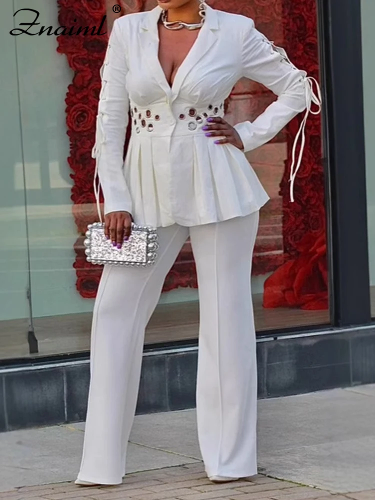 

Znaiml White Long Sleeve Blazer Top And Wide Leg Pants Set for Women Casual Office Lady Outfit Two-Piece Set Autumn Workwear