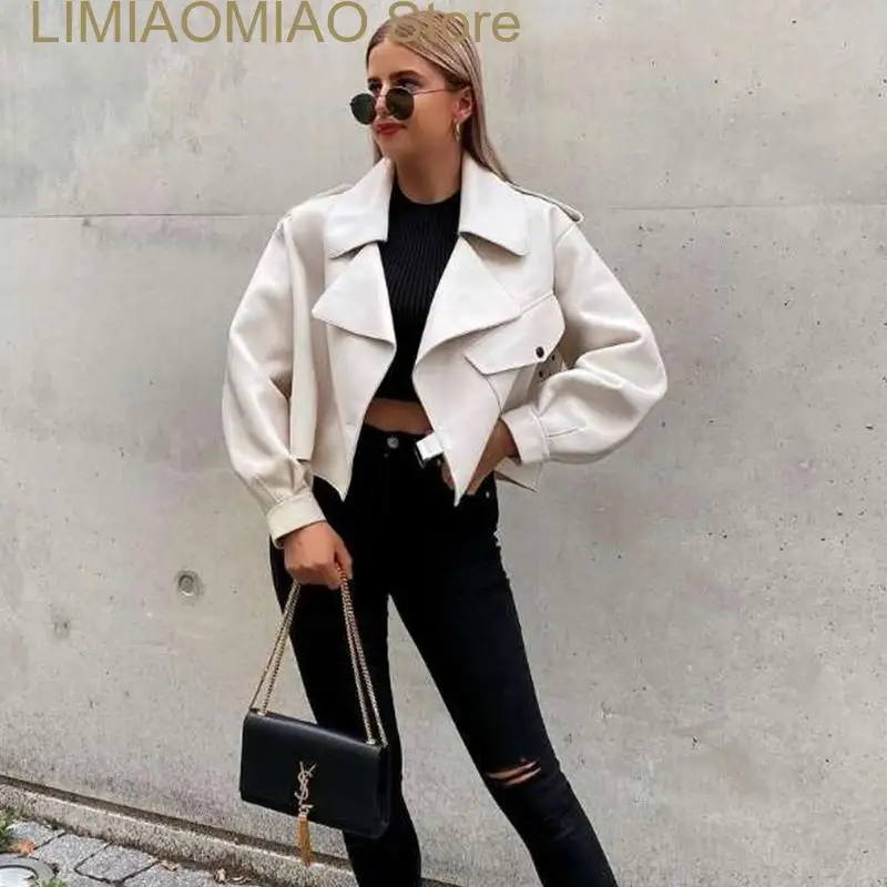 New European Style Autumn Trendy Women's Oversize Faux Leather Jackets All-matched Cropped Motorbiker Coat Mujer Chaqueta