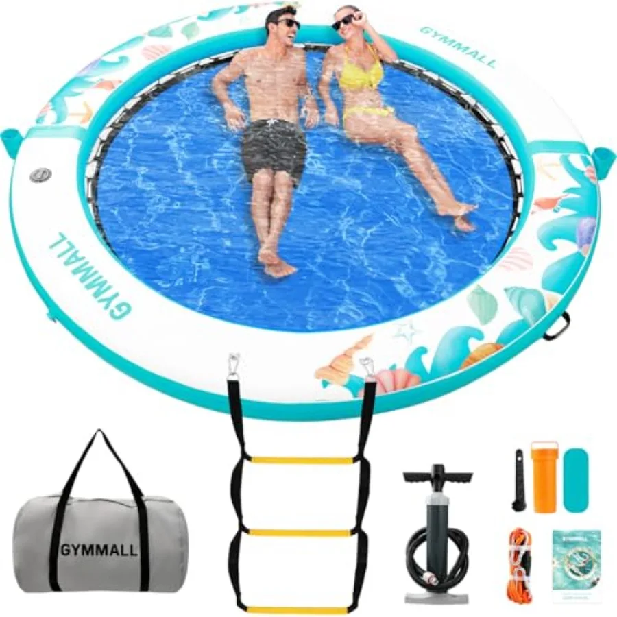 

Lake and beach inflatable water hammock dock PVC mesh tanning raft blue 8 ft round floating platform with ladder and cup holder