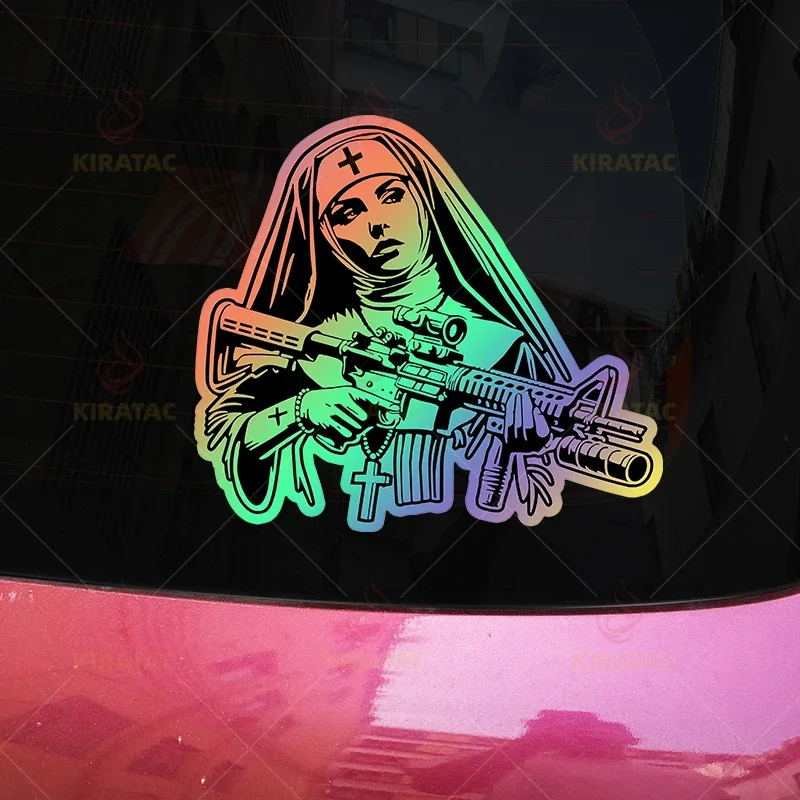 Tactical Nun with Rifle Car Sticker Black White Vinyl Decal Gothic Cross Rosary Gun Nun Sticker for Car Window Motorcycle Truck