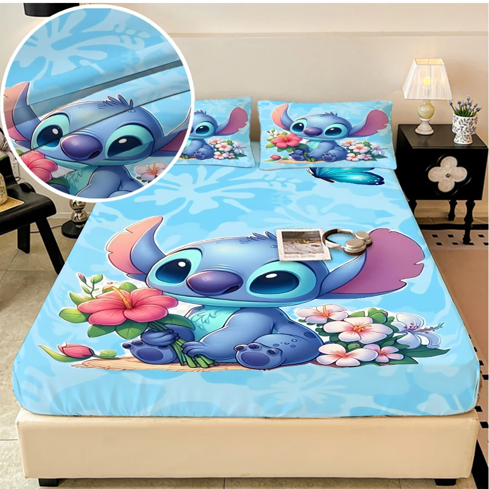 디즈니 스티치 스트레치 침대 시트, 더블 침대 시트, 부드럽고 따뜻한 벨벳 침대보, 매트리스 커버, 시트 보호 커버,