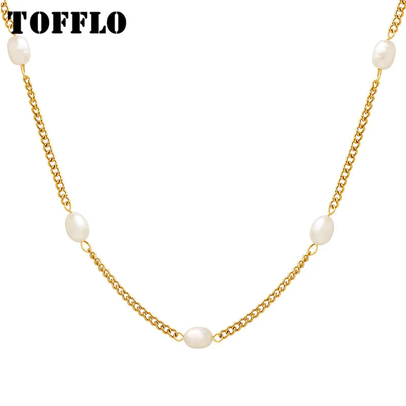 

TOFFLO Stainless Steel Jewelry Flat Chain Freshwater Pearl Splice Chain Necklace Women's Fashion Collar Chain BSP1334