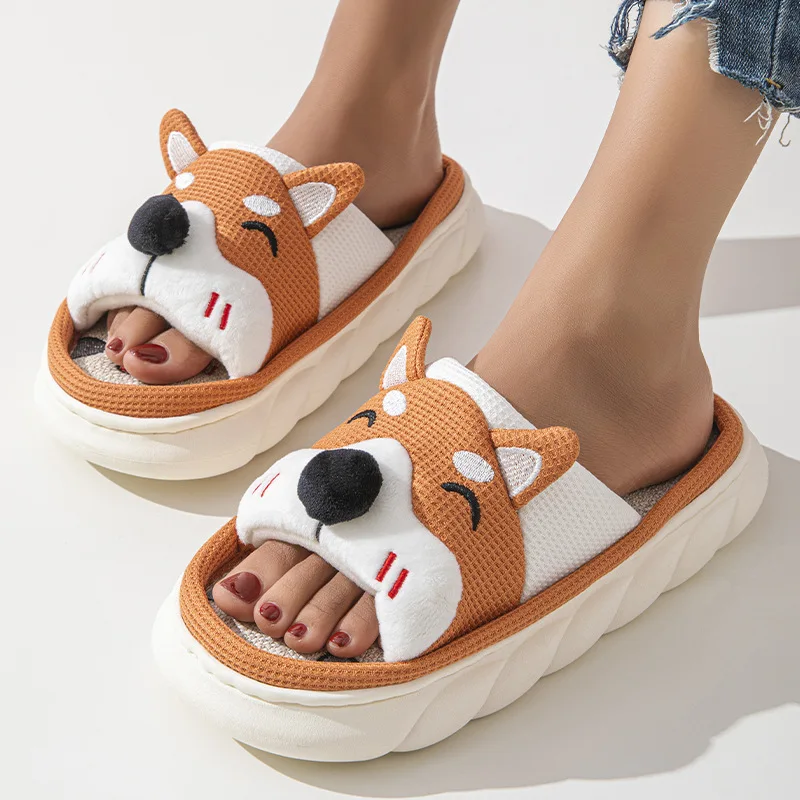 Linen Platform Slippers Women Home Cute Cartoon Dog Designer Shoes Girls Fashion Casual House Slipper Ladies Elegant Open Toe