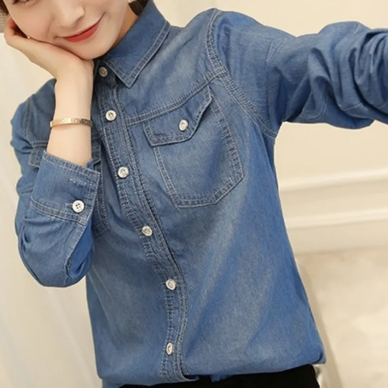 Women\'s Spring Autumn New Fashion Solid Color POLO Collar Button Pocket Casual Versatile Long Sleeved Slim Fit Denim Shirt Tops