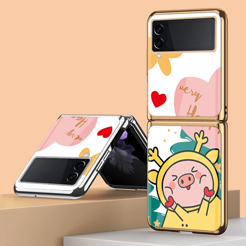 Z Flip 4 Funda Case for Samsung Galaxy Z Flip 4 3 2 1 Happy Pig Plating Tempered Glass Coque Protection Phone Case Cover