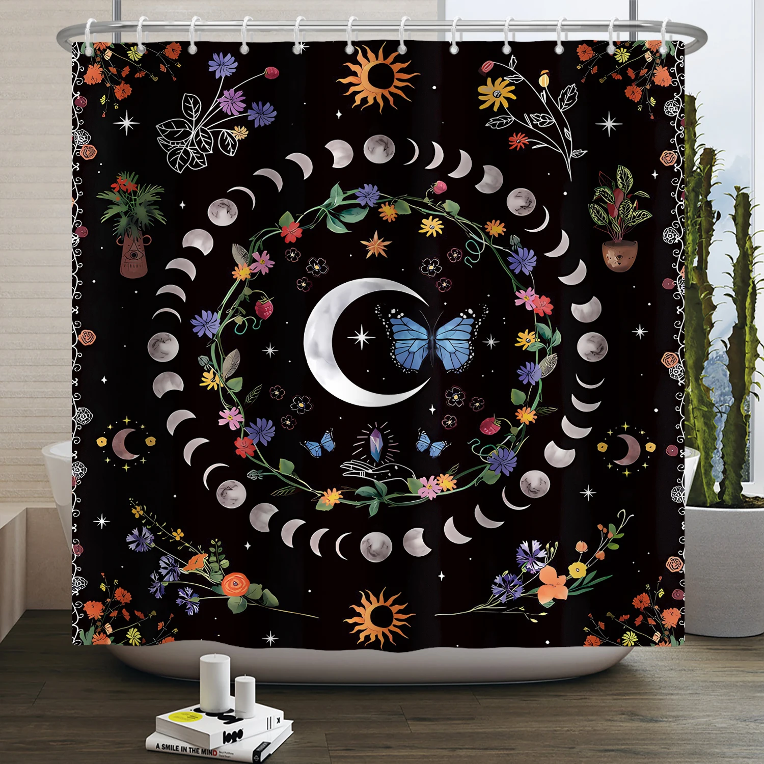 Butterfly Moth Moon Phase Shower Curtain Mushroom Floral Sun Star Plant Flower Goth Witchy Waterproof Bathroom Curtain Home Deco