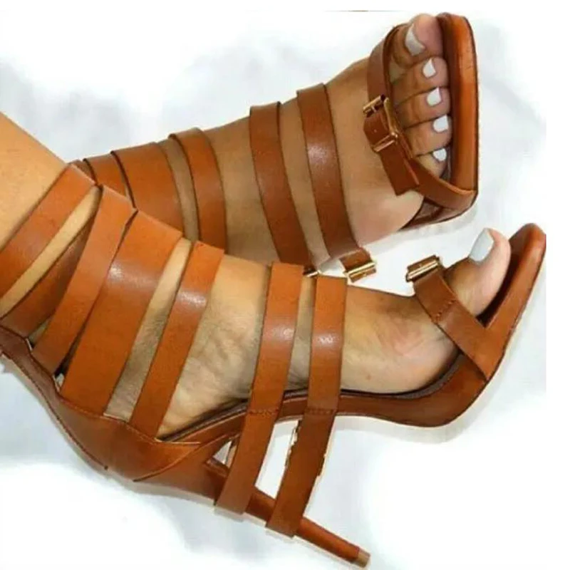 Summer Women Buckle Straps Brown Leather Sandals Straps Fasten Heels Gladiator Cutout Thin heels Sandalias Outfit Footwear