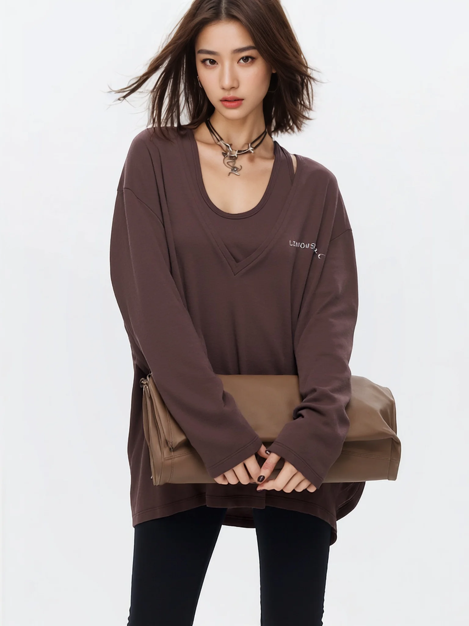 

Loose Long Sve V-Ne T-irt Women's Casual Sle Cotton Blend Comfortable Breathable Two-Piece Set Top in Coffee Color