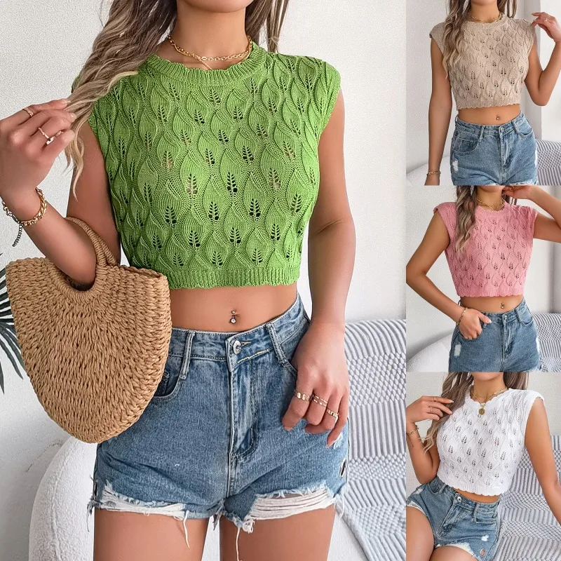 Spring Summer Casual Heart Hollow Out Sleeveless Knitted Tops Fashion Sleeveless O-Neck Summer Short Knitwear Pullover Vest