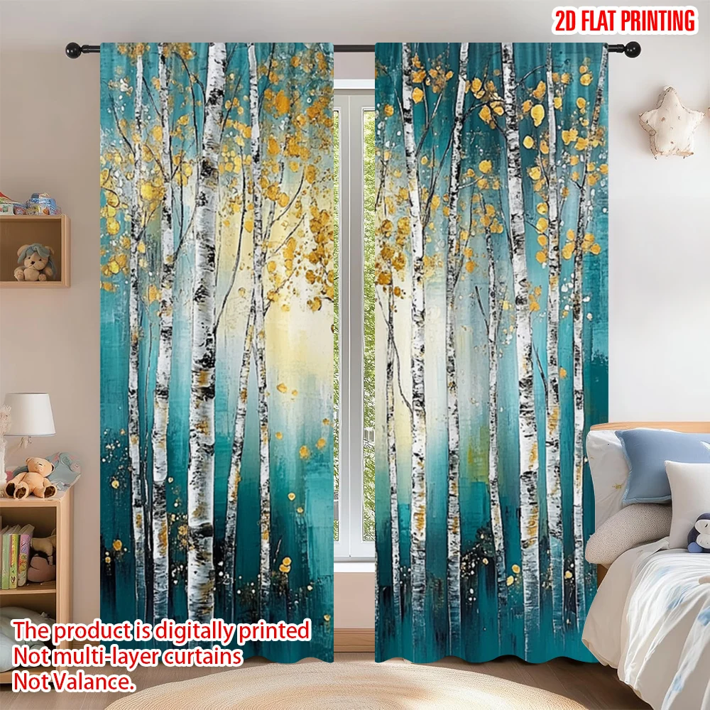 2pcs 2D flat printing Curtain Birch forest landscape Digital Printed Polyester Drapes Festive Holiday Perfect for living room