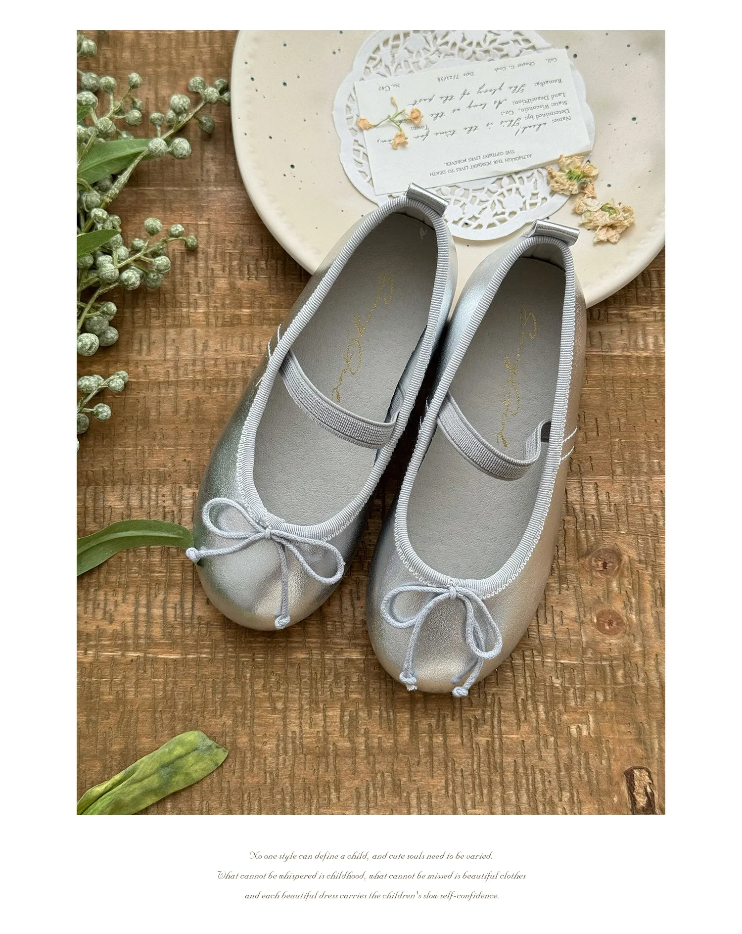 Mädchen Metallic-Silber Ballett Mary Jane Flats Schleifenknoten Elastischer Riemen Runde Zehenpartie Süße Lolita Flache Schuhe für den Alltag – Detail 15