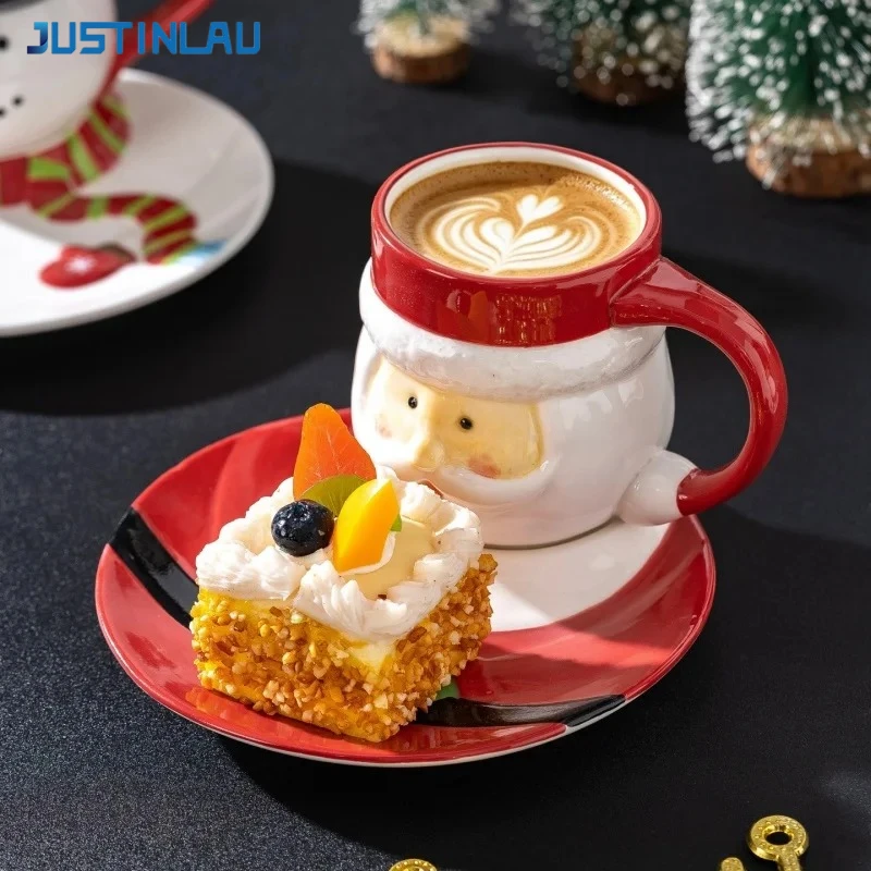 JUSTINLAU Christmas Ceramic Cup＆Saucer Set Hand‑Painted Breakfast Milk Coffee Mug Santa Snowman Couple's Coffee Cup Xmas Gifts