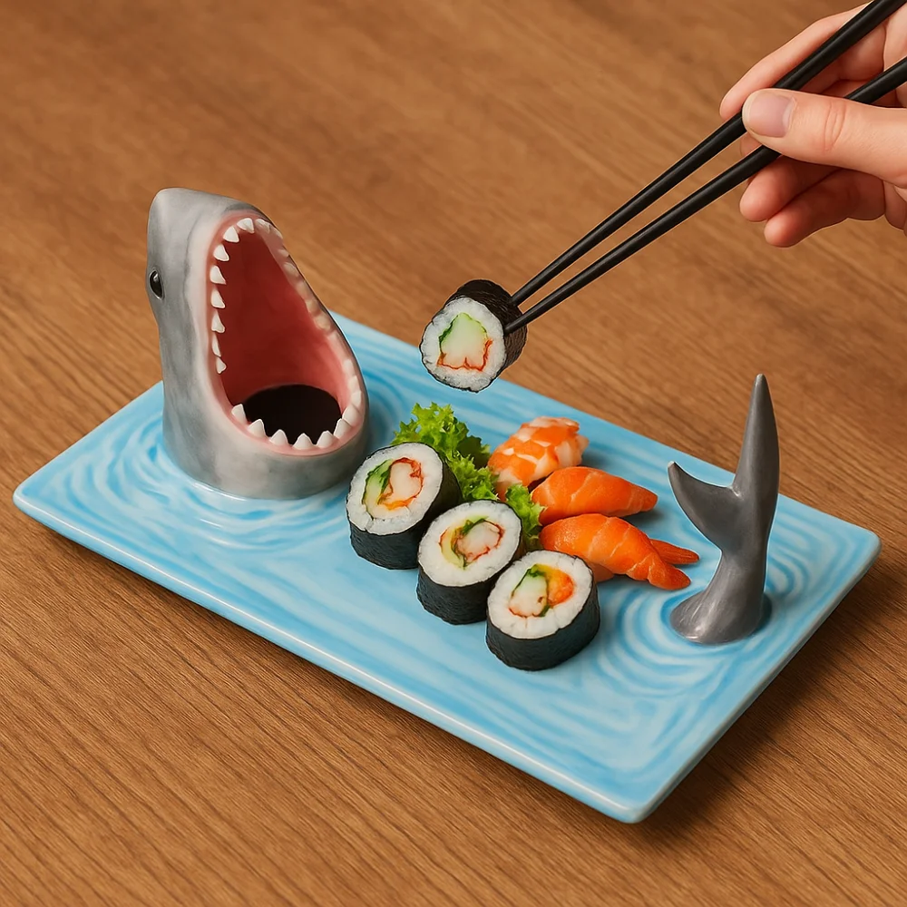 

3D Shark Ceramic Plate Japanese Style Large Capacity Dumpling Plate Ceramic Independent Sauce Area Sushi Serving Plate Fries