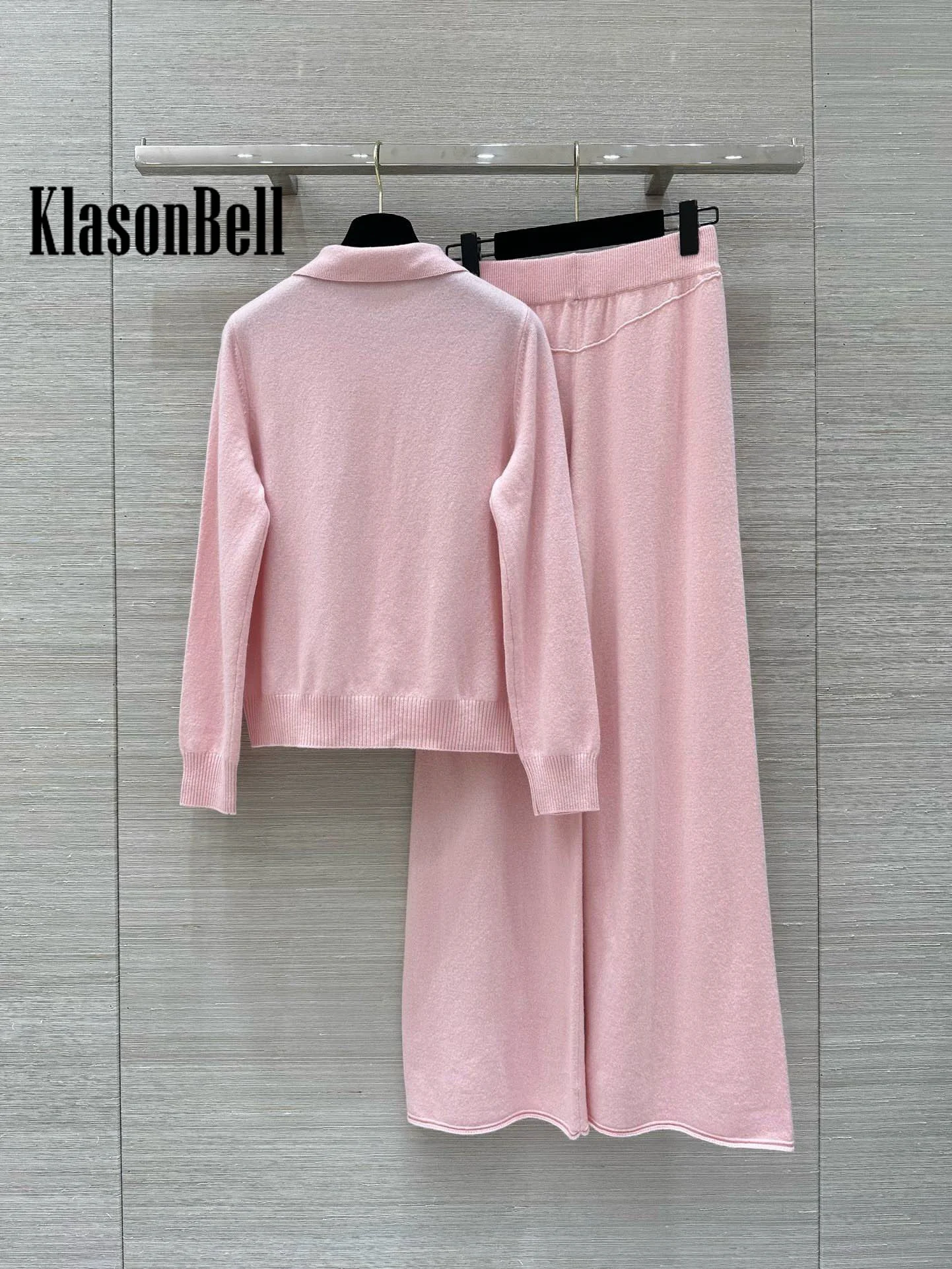 9.25 KlasonBell Women\'s Fashion Casual Wool Knitted 2 Piece Set Letter Lapel Button Cardigan + Elastic Waist Wide Leg Pants