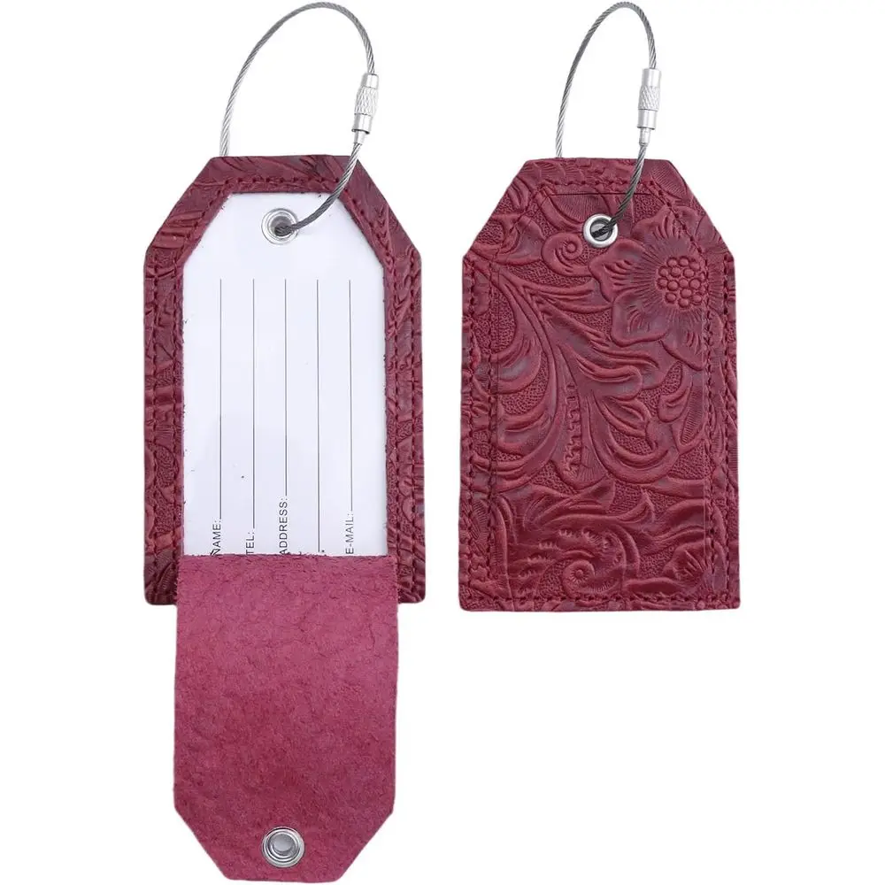 Leather Luggage Tags Set of 2 with Full Back Privacy ID Card Holders for Men and Women - Wine Red