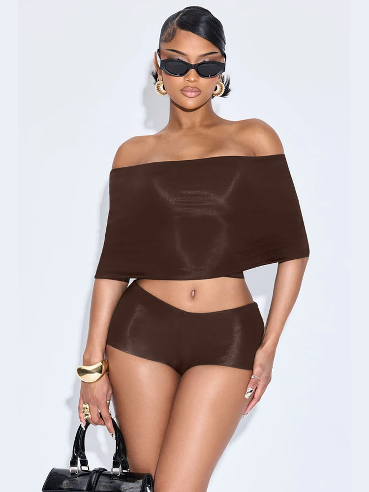 แปลก Puss Hipster 3 ชิ้นชุดผู้หญิง Slash คอกลางแขนเสื้อ Crop Tops + กางเกงขาสั้น + เท้าฤดูร้อนที่เรียบง่ายแนวโน้มการจับคู่ streetwear