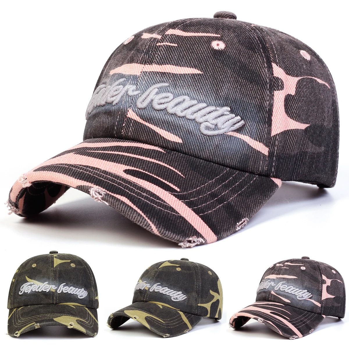 Unisex Leauty Baseballkappen mit Buchstabenstickerei und Camouflage-Muster für Frühling und Herbst, Verstellbare Outdoor-Freizeithüte, Sonnenschutzhut, Sportkappe
