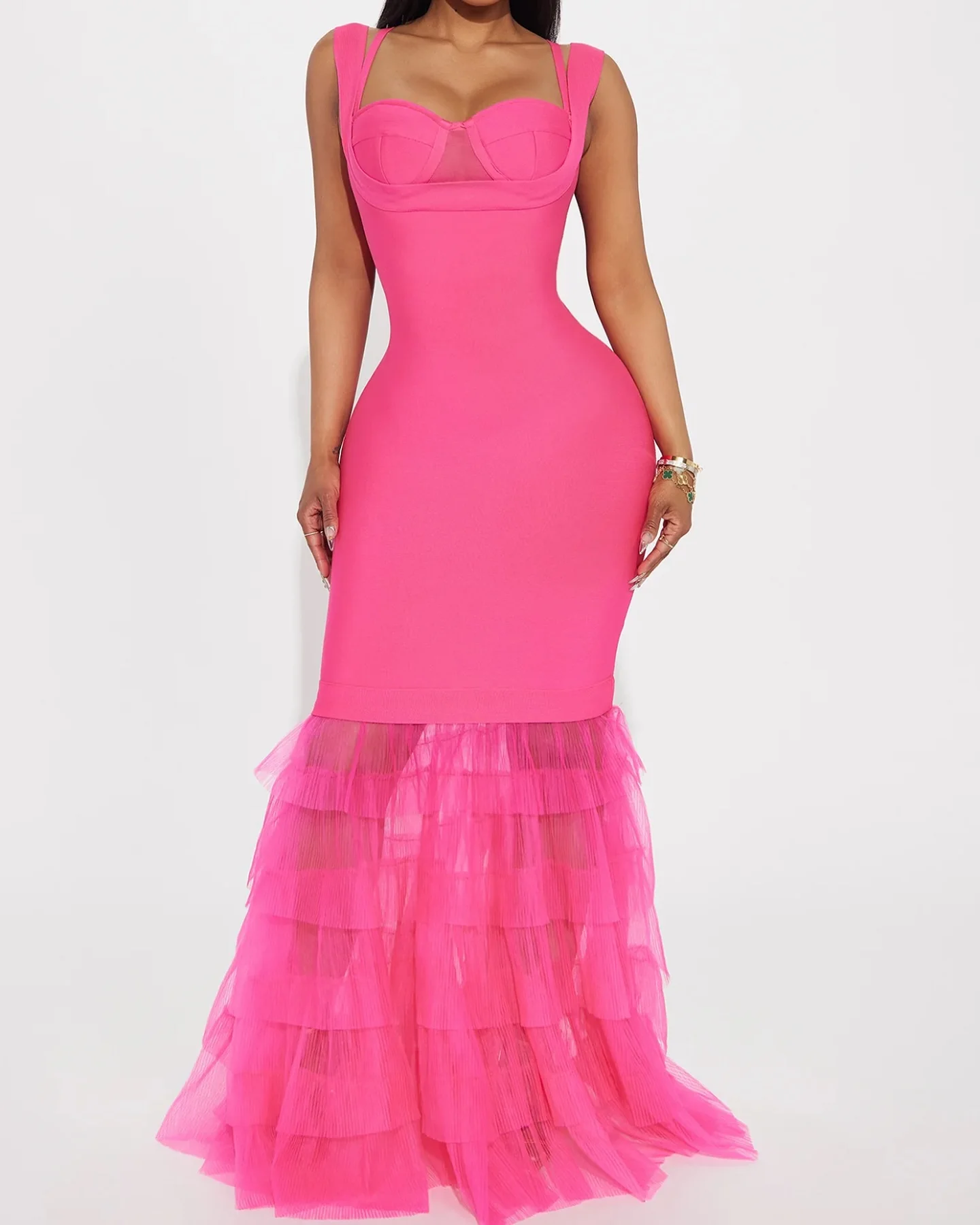 

Customized Sexy Organza Tiered Mermaid Spaghetti Straps Evening Dress Temperament Sleeveless Sweetheart فساتين سهرات