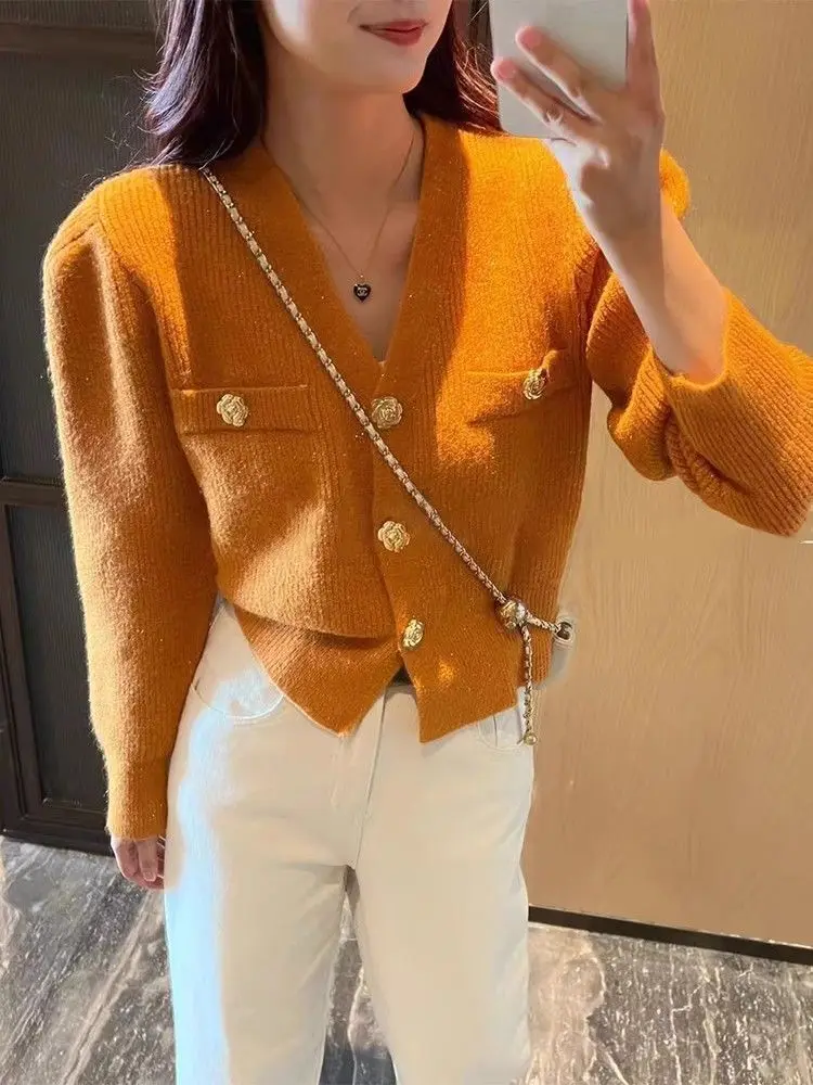 New French Fashion Women's Sweater Knitted V-neck Puff Sleeve Golden Buttons Autumn Winter Cardigan Slim Knitwear Outwears