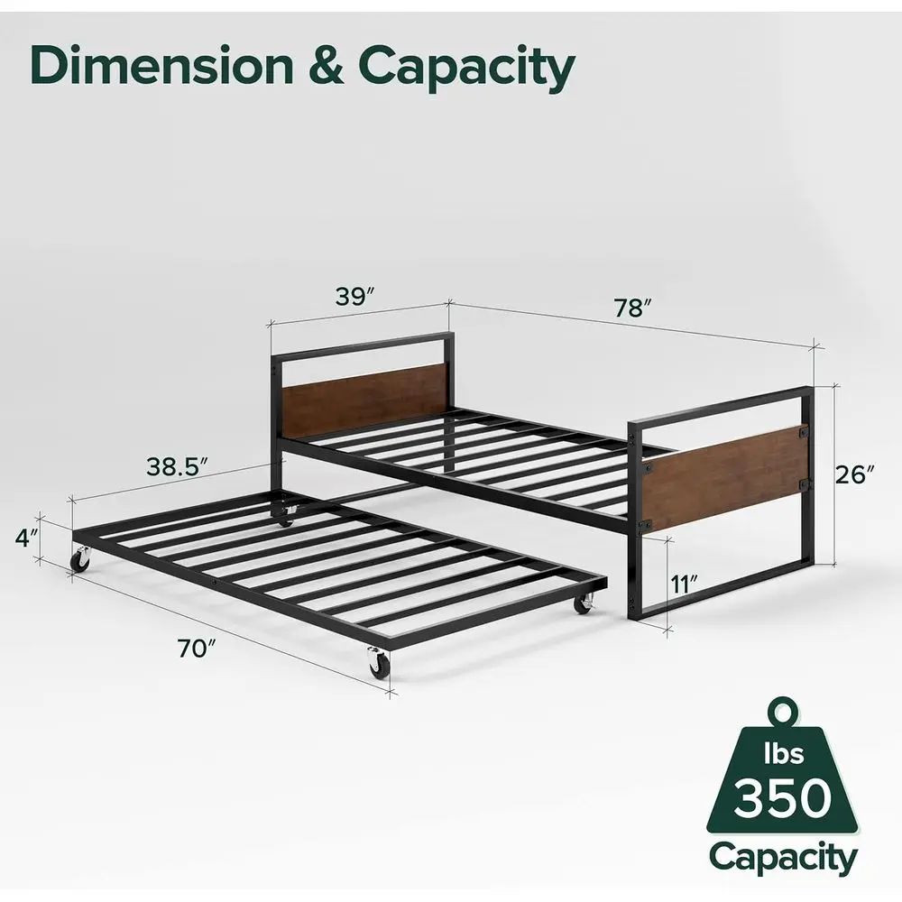 Twin Size Bamboo & Metal Daybed with Trundle and Steel Slat Support for Easy Assembly