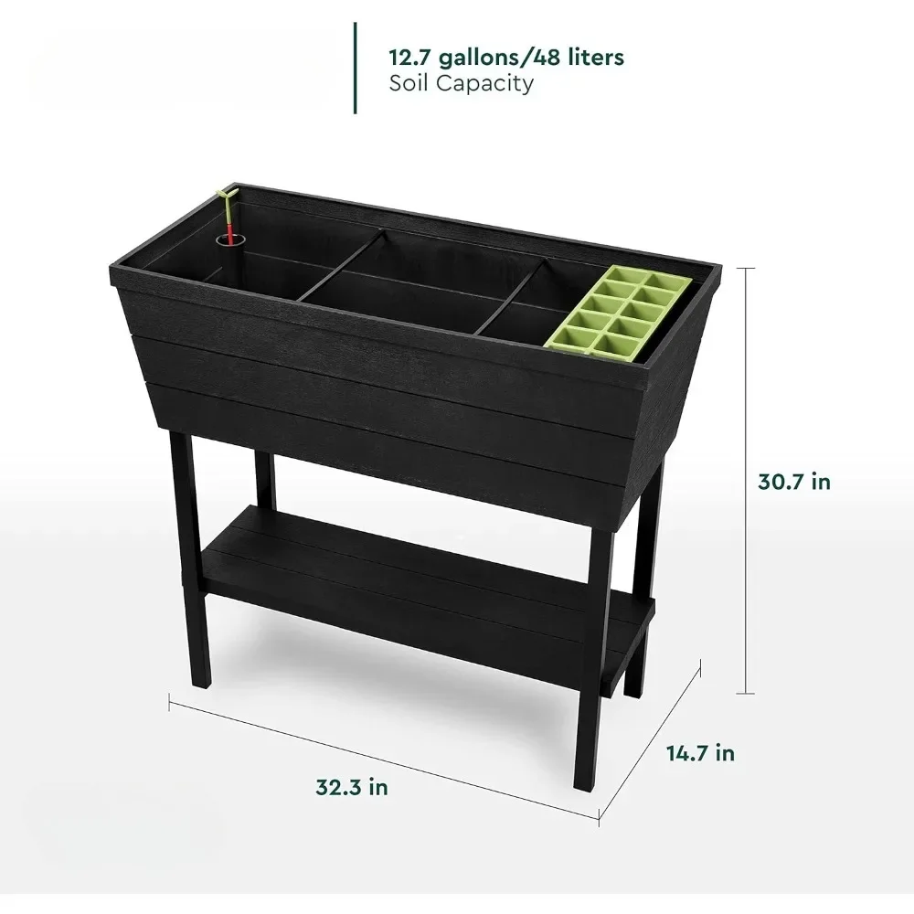 12.7 Gallon Raised Garden Bed with Self Watering Planter Box and Drainage Plug, Dark Grey