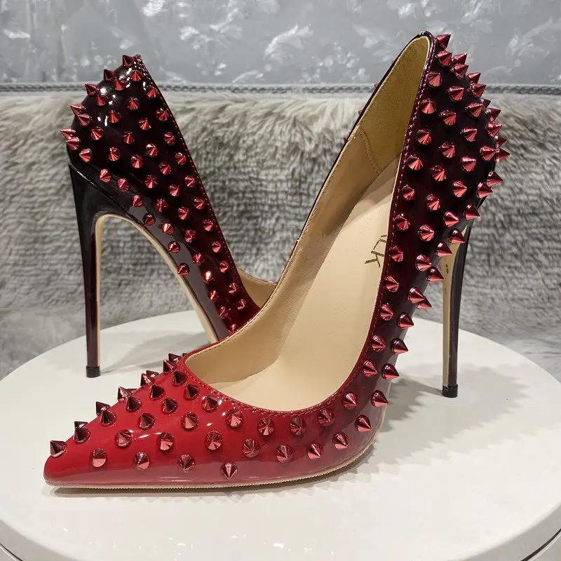 

New Stiletto Heel Gradient Rivet High Heels 12cm Shallow Pointed Toe Patent Leather Riveted Women's Single Shoes