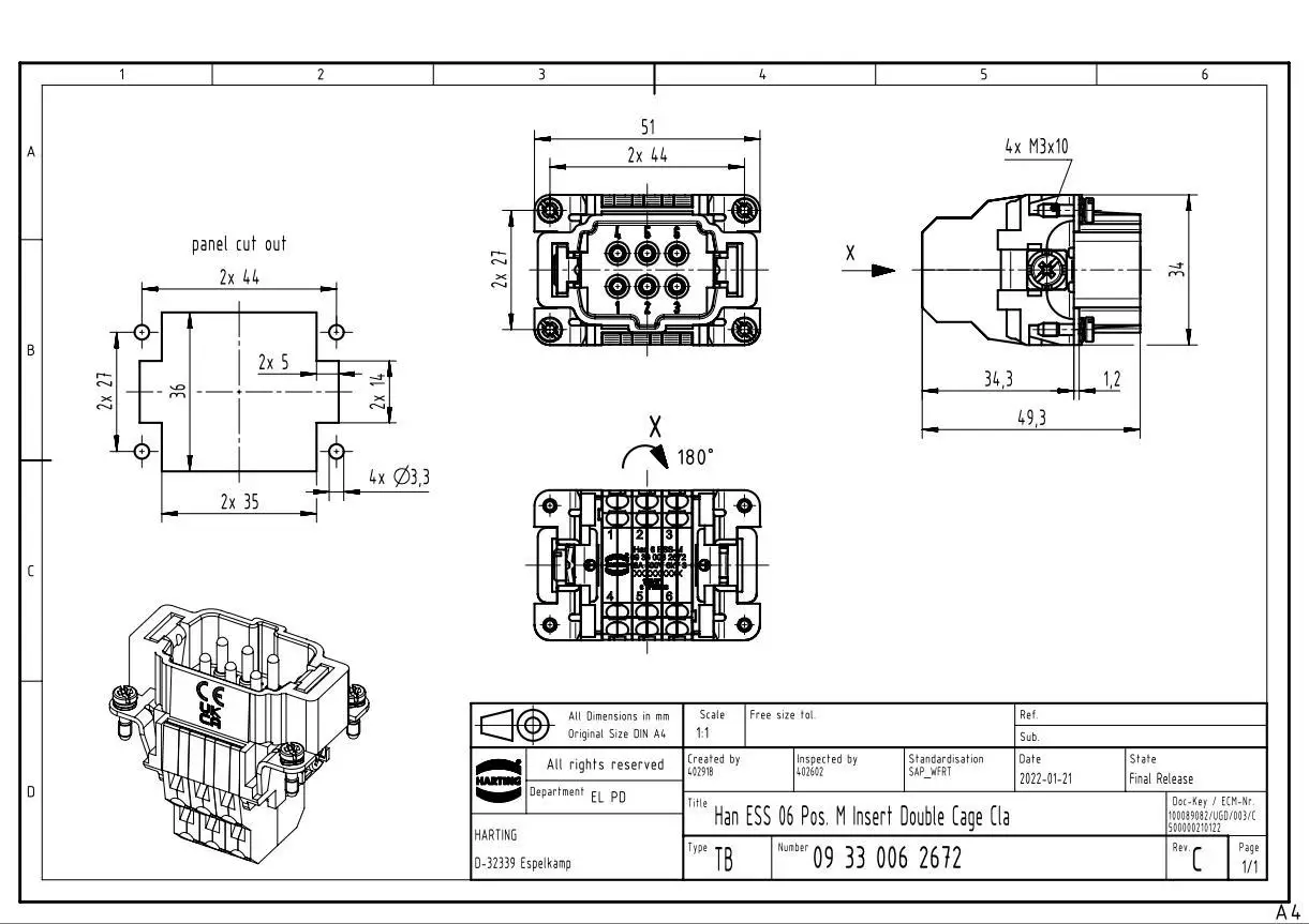 09330062672 Harting Han Ess Kooi Spanklem Bedrading 6-Pins Harding Connector