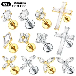 1PC Titanium Gold Color Cartilage Helix Lobe Conch Earring Stud Piercings Cross CZ Labret Piercings Lip Rings Women Jewelry