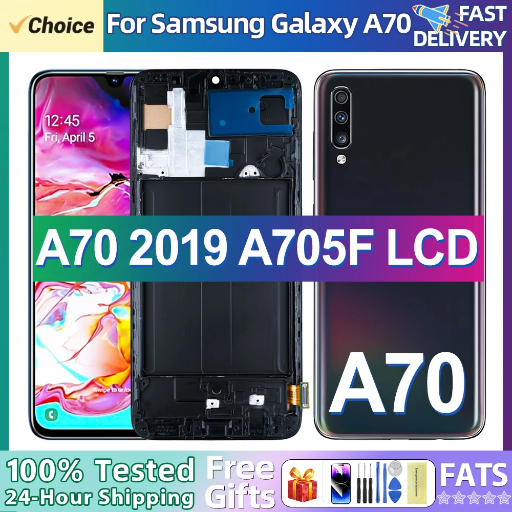 Super AMOLED A70 Display Screen For Samsung Galaxy A70 A705 A705F A705FD LCD Display Digital Touch Screen Assembly With Frame